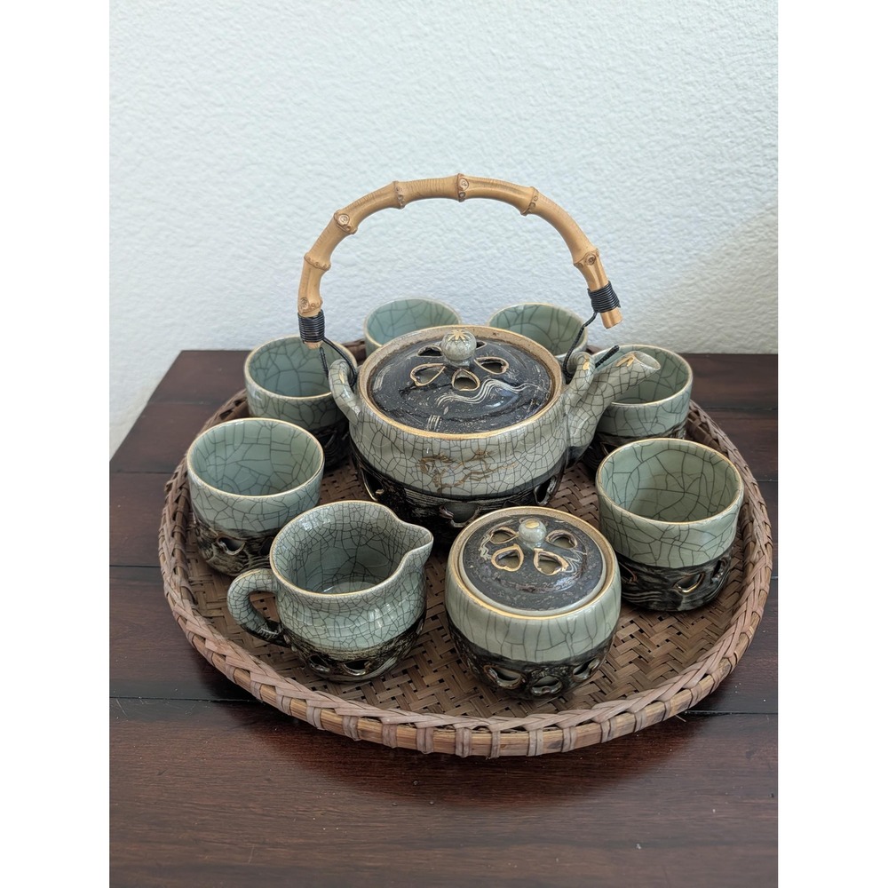 VTG Japanese Somayaki Tea Set Double Walled Celadon Crackle Gold Horse Teapot